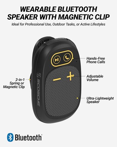 Scosche Magnetic Clip-On Wearable Bluetooth Speaker with Built-in Mic for Hands-Free Calls, IP65 Waterproof & Dustproof Jobsite Speaker for Work and Outdoors, Compact and Lightweight Portable Design in Saudi Arabia