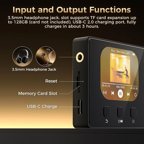 مشغل MP3 بسعة 32 جيجابايت مزود بتقنية Bluetooth 5.3 ومشغل موسيقى Diofox مقاس 2.4 بوصة يتميز بمكبرات صوت مدمجة عالية الدقة وراديو FM وتسجيل صوتي وجودة صوت Hi-Fi ووظيفة الكتاب الإلكتروني؛ مشغل MP3 للأطفال، أسود in Saudi Arabia