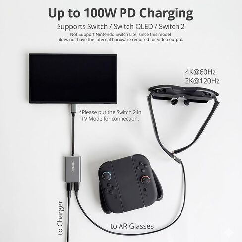 AR Glasses Hub for Switch 2, USB-C to AR Glasses 4K@60Hz Adapter with 100W PD 3.0 Charging, Aluminum Shell, Compatible with Switch2, ROG Ally X, Steam Deck, Supports XREAL Rokid Viture Glasses in Saudi Arabia