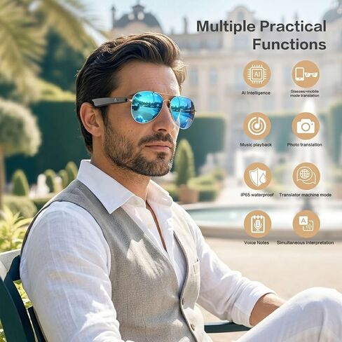 EarlySincere AI Smart Glasses, Smart Translation Glasses That Support 164 Language Translation, IP65 Waterproof Smart Sunglasses, Classic Aviator Sunglasses with Voice Assistant/AI Call/Chat GPT in Saudi Arabia