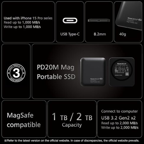 TEAMGROUP PD20M 1TB Magnetic External SSD Read up to 2000MB/s USB 3.2 Gen 2x2 Type-C 4K ProRes HDR Record iPhone 15 16 17 Pro Max,Tablet TPSEG2001T0C108 in Saudi Arabia