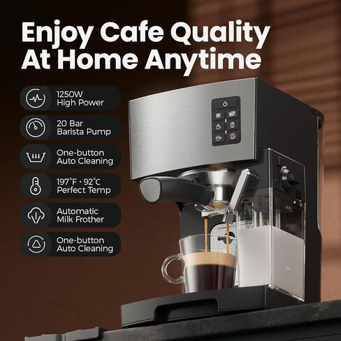 Espresso Machine 20 Bar - Espresso & Coffee Maker with Automatic Milk Frother, Cappuccino Machine, Latte Maker for Home, office, 1250W in Saudi Arabia