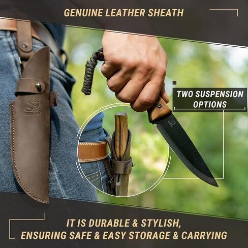 BeaverCraft Bushcraft Knife Full Tang with Leather Sheath – Bush Knife Carbon Steel for Camping – Survival Outdoor Knives Fixed Blade BSH3 Nightfall - Bushcraft Gear Tools in Saudi Arabia