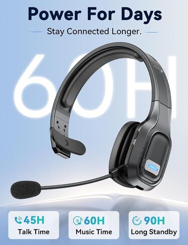 Bluetooth Headset with Mic, 60 Hours Talking Time Single-Ear Wireless Headset, ENC Noise Canceling, One-Touch Mute, Dual-Device Connection for Truck Driver, Office, Call Center, Phone/PC, Black in Saudi Arabia