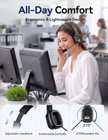 Bluetooth Headset with Mic, 60 Hours Talking Time Single-Ear Wireless Headset, ENC Noise Canceling, One-Touch Mute, Dual-Device Connection for Truck Driver, Office, Call Center, Phone/PC, Black in Saudi Arabia