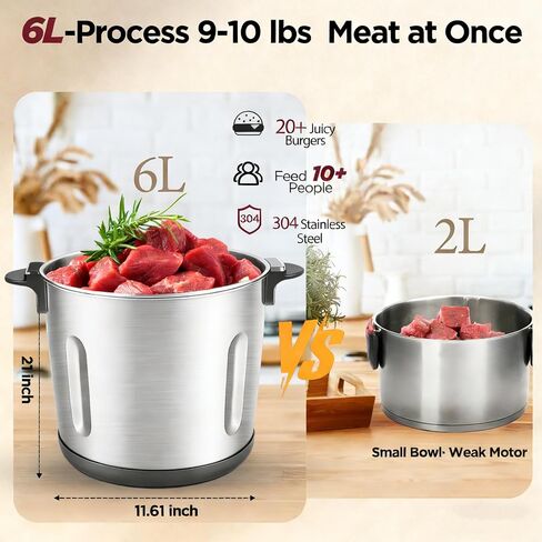 Food Processor Large Capacity,6L Electric Meat Grinder for Home,1200W Heavy Duty Food Grinder Chopper with 2 Speed& 6 Blades,Stainless Steel Bowl,Vegetable Electric Chopper for Onion, Nuts in Saudi Arabia
