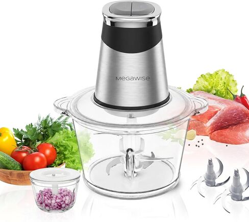 MEGAWISE Food processor with 500W powerful copper-core motor, Electric Food Chopper with Meat Grinder & Vegetable Chopper, 2 Bowls (0.6L & 3L Glass Bowls),Double-layer blades for Fruits/Meat/Nuts in Saudi Arabia