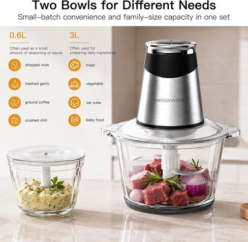 MEGAWISE Food processor with 500W powerful copper-core motor, Electric Food Chopper with Meat Grinder & Vegetable Chopper, 2 Bowls (0.6L & 3L Glass Bowls),Double-layer blades for Fruits/Meat/Nuts in Saudi Arabia