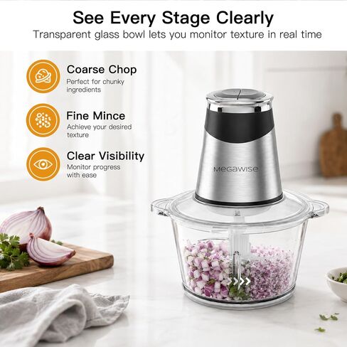 MEGAWISE Food processor with 500W powerful copper-core motor, Electric Food Chopper with Meat Grinder & Vegetable Chopper, 2 Bowls (0.6L & 3L Glass Bowls),Double-layer blades for Fruits/Meat/Nuts in Saudi Arabia