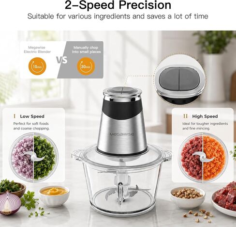 MEGAWISE Food processor with 500W powerful copper-core motor, Electric Food Chopper with Meat Grinder & Vegetable Chopper, 2 Bowls (0.6L & 3L Glass Bowls),Double-layer blades for Fruits/Meat/Nuts in Saudi Arabia