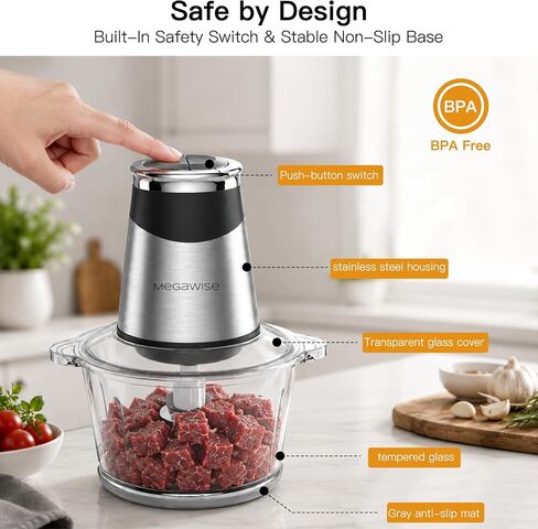 MEGAWISE Food processor with 500W powerful copper-core motor, Electric Food Chopper with Meat Grinder & Vegetable Chopper, 2 Bowls (0.6L & 3L Glass Bowls),Double-layer blades for Fruits/Meat/Nuts in Saudi Arabia