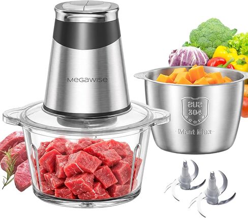 MEGAWISE Food Processor, 800W Electric Meat Grinder, 1.8L Stainless Steel Bowl & 1.8L Glass Bowl, Dual Speed Modes for Meat, Onion, Vegetables, Nuts, Fruits, Baby Food in Saudi Arabia