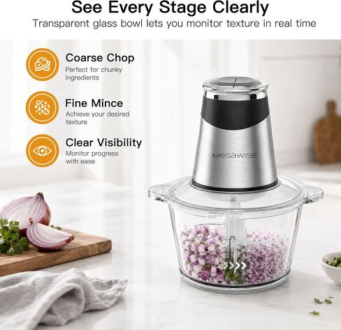 MEGAWISE Food Processor, 800W Electric Meat Grinder, 1.8L Stainless Steel Bowl & 1.8L Glass Bowl, Dual Speed Modes for Meat, Onion, Vegetables, Nuts, Fruits, Baby Food in Saudi Arabia