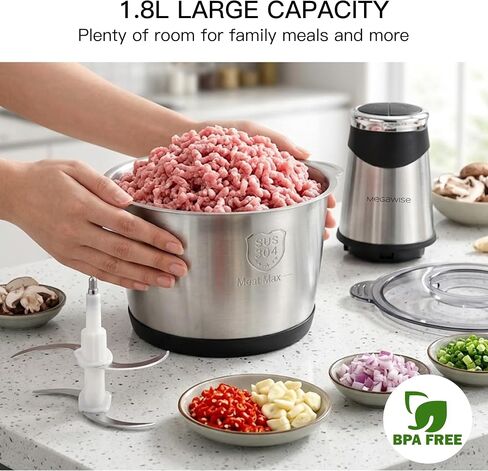 MEGAWISE Food Processor, 800W Electric Meat Grinder, 1.8L Stainless Steel Bowl & 1.8L Glass Bowl, Dual Speed Modes for Meat, Onion, Vegetables, Nuts, Fruits, Baby Food in Saudi Arabia