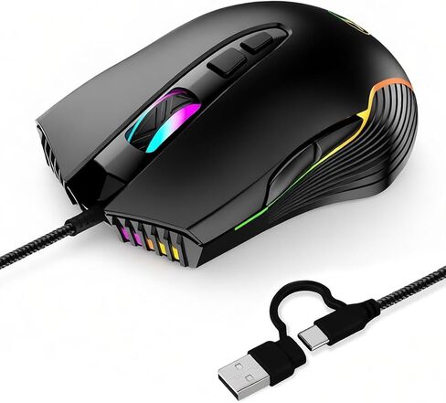 Wired Gaming Mouse with RGB & Jiggler, Dual USB-C & USB-A Connectivity Up to 7200 D-PI 7 Buttons Ergonomic Optical Type-C Mice with 5.9ft Cable for PC,Laptop,Mac,Chromebook,Computer, Desktop,Surface in Saudi Arabia