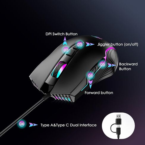 Wired Gaming Mouse with RGB & Jiggler, Dual USB-C & USB-A Connectivity Up to 7200 D-PI 7 Buttons Ergonomic Optical Type-C Mice with 5.9ft Cable for PC,Laptop,Mac,Chromebook,Computer, Desktop,Surface in Saudi Arabia