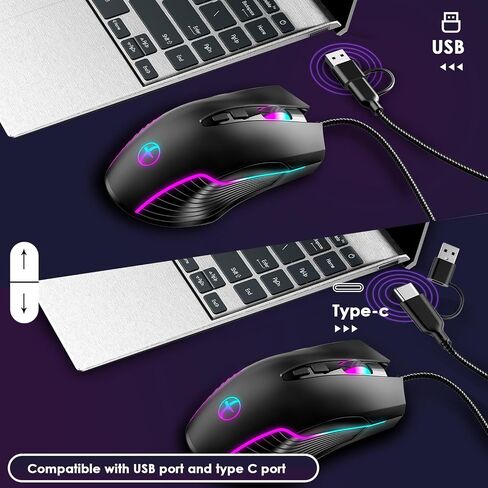 Wired Gaming Mouse with RGB & Jiggler, Dual USB-C & USB-A Connectivity Up to 7200 D-PI 7 Buttons Ergonomic Optical Type-C Mice with 5.9ft Cable for PC,Laptop,Mac,Chromebook,Computer, Desktop,Surface in Saudi Arabia