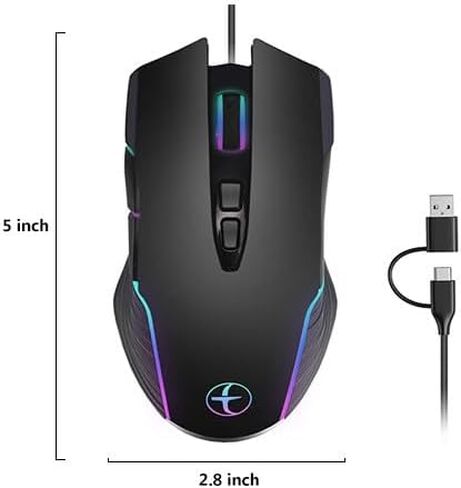 Wired Gaming Mouse with RGB & Jiggler, Dual USB-C & USB-A Connectivity Up to 7200 D-PI 7 Buttons Ergonomic Optical Type-C Mice with 5.9ft Cable for PC,Laptop,Mac,Chromebook,Computer, Desktop,Surface in Saudi Arabia
