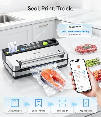 98kPa Vacuum Sealer with FoodTrace Label Printing & Food Management App, Dual-Pump Food Sealer with Double Heat Seal, Extra Moist Mode for Meal Prep, Sous Vide & Freezer Storage, VSP801, Silver in Saudi Arabia