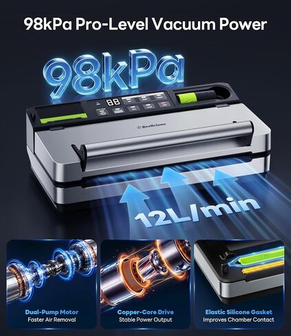 98kPa Vacuum Sealer with FoodTrace Label Printing & Food Management App, Dual-Pump Food Sealer with Double Heat Seal, Extra Moist Mode for Meal Prep, Sous Vide & Freezer Storage, VSP801, Silver in Saudi Arabia