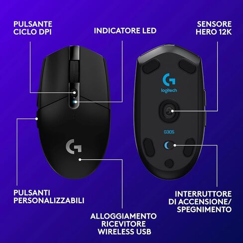 Logitech G305 Lightspeed Wireless Gaming Mouse, Hero Sensor, 12,000 DPI, Lightweight, 6 Programmable Buttons, 250h Battery Life, On-Board Memory, PC/Mac - Black (German Packaging) in Saudi Arabia