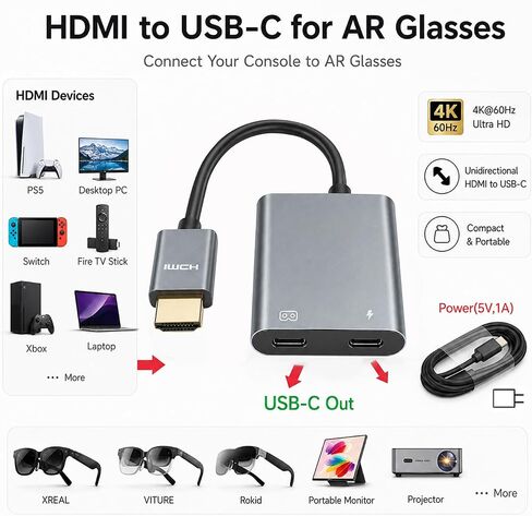 محول ubrokeifixit HDMI إلى USB-C محول HDMI ذكر أحادي الاتجاه (المصدر) إلى USB-C أنثى (عرض) لنظارات AR، والتبديل، وXbox، والكمبيوتر المحمول، والكمبيوتر الشخصي، وشاشة محمولة 4K 60 هرتز (رمادي) in Saudi Arabia