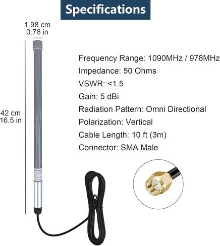 FlightAware ADS-B Antenna 1090MHz & 978MHz Dual Band w/ 10ft SMA Cable MCX Adapter High Gain 5dBi for ADSB FlightAware Software Defined Radios (SDRs) Flight Aviation Adsbexchange in Saudi Arabia