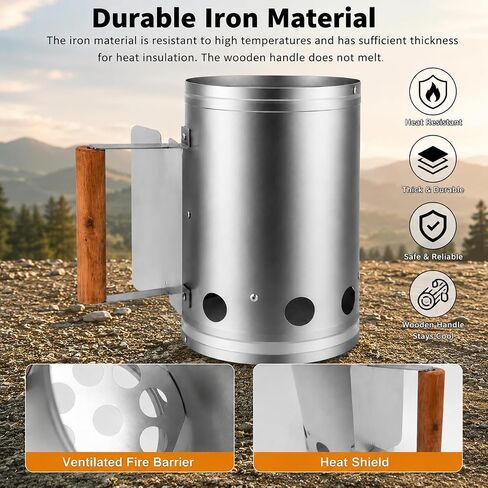 Charcoal Chimney Starter - BBQ Chimney Starter with wood heat insulation handle, charcoal grill accessory for outdoor bbq, camping fire(S) in Saudi Arabia