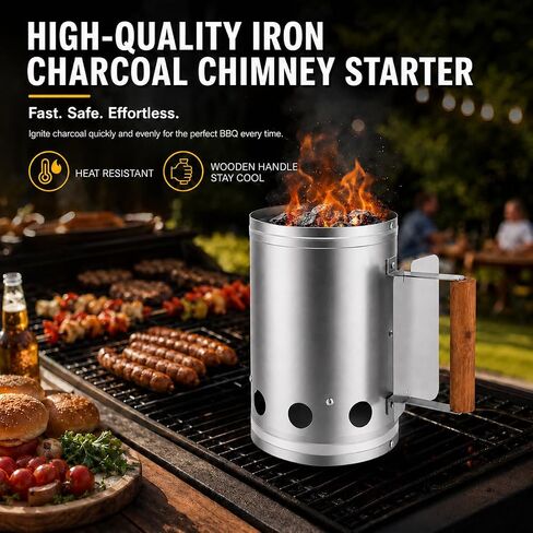 Charcoal Chimney Starter - BBQ Chimney Starter with wood heat insulation handle, charcoal grill accessory for outdoor bbq, camping fire(S) in Saudi Arabia