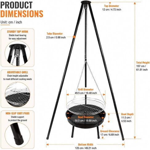 Campfire Camping Tripod Grill with a barbecue basin, suitable for outdoor backyard barbecue party grill, Campfire Cooking Equipment(Tripod） in Saudi Arabia