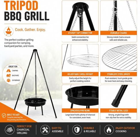 Campfire Camping Tripod Grill with a barbecue basin, suitable for outdoor backyard barbecue party grill, Campfire Cooking Equipment(Tripod） in Saudi Arabia