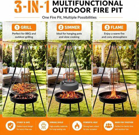 Campfire Camping Tripod Grill with a barbecue basin, suitable for outdoor backyard barbecue party grill, Campfire Cooking Equipment(Tripod） in Saudi Arabia