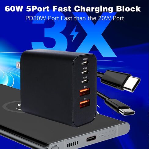 شاحن سريع iPhone 17 16 15 Pro، 60 وات 5 منافذ USB C شاحن هاتف سريع الشحن، 2 حزمة شاحن جداري سريع من النوع C بطول 10 أقدام سلك شحن USB C لهاتف iPhone 17 Pro/17 ProMax/17 Air/16 ProMax/16e/15 Pro in Saudi Arabia