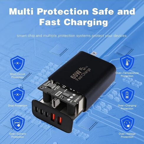 شاحن سريع iPhone 17 16 15 Pro، 60 وات 5 منافذ USB C شاحن هاتف سريع الشحن، 2 حزمة شاحن جداري سريع من النوع C بطول 10 أقدام سلك شحن USB C لهاتف iPhone 17 Pro/17 ProMax/17 Air/16 ProMax/16e/15 Pro in Saudi Arabia