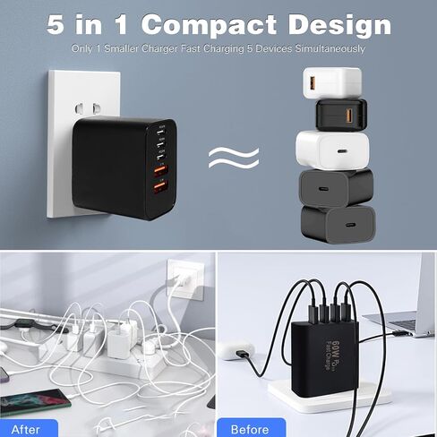 شاحن سريع iPhone 17 16 15 Pro، 60 وات 5 منافذ USB C شاحن هاتف سريع الشحن، 2 حزمة شاحن جداري سريع من النوع C بطول 10 أقدام سلك شحن USB C لهاتف iPhone 17 Pro/17 ProMax/17 Air/16 ProMax/16e/15 Pro in Saudi Arabia