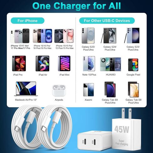 45W iPhone 17 16 15 Charger Fast Charging, 2-Pack Dual Port USB C Wall Charger Block with 2-Pack 6ft 60W Type C to USB C Cable, PD Fast Charger for iPhone 17 Pro Max/17 Air/16/15, iPad Pro in Saudi Arabia