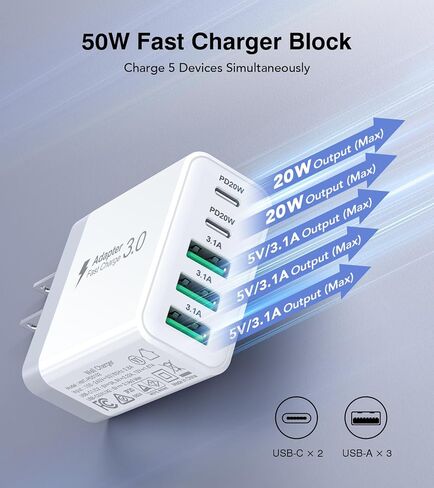 2Pack USB C Fast Charger Block, 60W 5-Port USBC Wall Charger Plug Adapter in Saudi Arabia