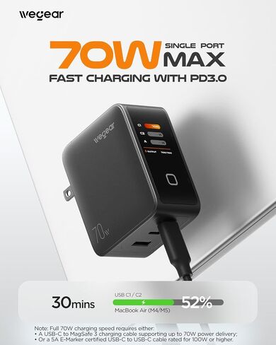 wegear 70W GaN USB C Charger Block with Smart Display & Touch Control, 3-Port PD3.0 Fast Wall Charger, Foldable Plug Power Adapter for MacBook Air/Pro, iPhone 17/16, iPad, Galaxy S25/S24 in Saudi Arabia