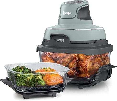 Ninja Crispi Air Fryer, Microwave, Freezer & Dishwasher Safe, Non Toxic Glass Portable Cooking System, 4 QT & 6 Cup Glass Containers with Storage Lids, Easy Meals, Air Fry, Bake, Green (Renewed) in Saudi Arabia
