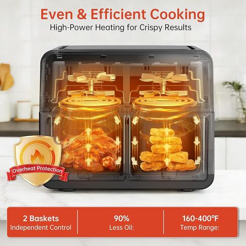 VUSIGN 9.5QT Dual Basket Air Fryer, 7-in-1 Airfryer with One-Touch Presets, Smart Finish, 2 Independent Cooking Zones, Preheat & Schedule Functions, Dishwasher-Safe Nonstick Baskets, Black in Saudi Arabia