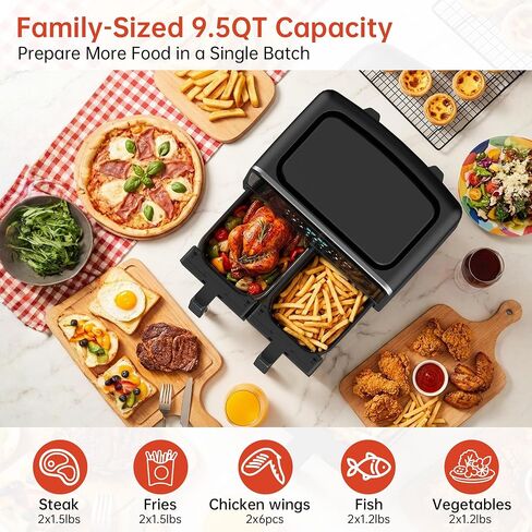 VUSIGN 9.5QT Dual Basket Air Fryer, 7-in-1 Airfryer with One-Touch Presets, Smart Finish, 2 Independent Cooking Zones, Preheat & Schedule Functions, Dishwasher-Safe Nonstick Baskets, Black in Saudi Arabia