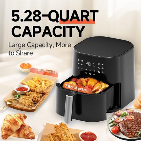 Qido Air Fryer, 5.28 QT Square Airfryer with Visual Window, 400°F Fast Heating Air Fryers Oven with One-Touch Presets, Auto-Off, Dishwasher-Safe Nonstick Basket, Multiple 8 in 1 Function, Light Black in Saudi Arabia