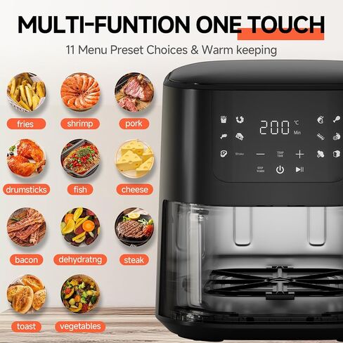 Qido Air Fryer, 5.28 QT Square Airfryer with Visual Window, 400°F Fast Heating Air Fryers Oven with One-Touch Presets, Auto-Off, Dishwasher-Safe Nonstick Basket, Multiple 8 in 1 Function, Light Black in Saudi Arabia