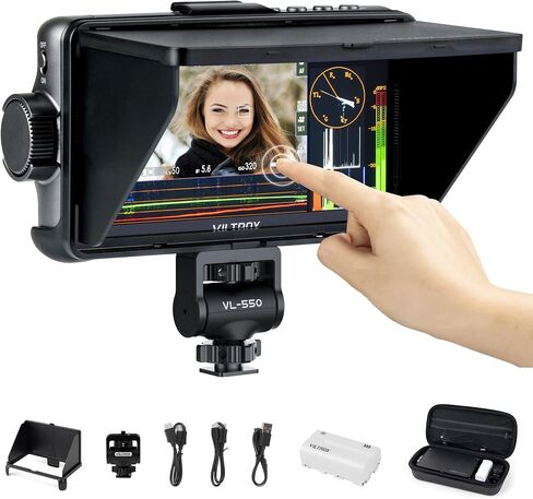 VILTROX DC-V1 شاشة لمس ميدانية للكاميرا مقاس 5.5 بوصة، شاشة DSLR مع شكل موجة LUT ثلاثي الأبعاد 400Nits 160 درجة زاوية رؤية واسعة 1920X1080 IPS 4K HDMI حلقة داخل/خارج مساعدة التركيز على ذروة الفيديو، غطاء بطارية/مظلة in Kuwait