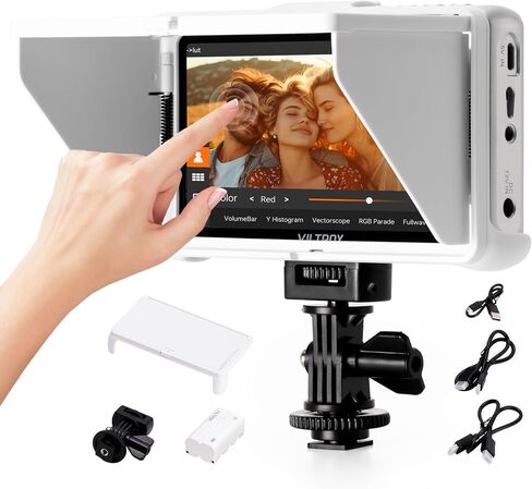 VILTROX DC-V1 شاشة لمس ميدانية للكاميرا مقاس 5.5 بوصة، شاشة DSLR مع شكل موجة LUT ثلاثي الأبعاد 400Nits 160 درجة زاوية رؤية واسعة 1920X1080 IPS 4K HDMI حلقة داخل/خارج مساعدة التركيز على ذروة الفيديو، غطاء بطارية/مظلة in Kuwait