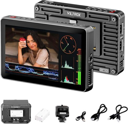 VILTROX DC-V1 شاشة لمس ميدانية للكاميرا مقاس 5.5 بوصة، شاشة DSLR مع شكل موجة LUT ثلاثي الأبعاد 400Nits 160 درجة زاوية رؤية واسعة 1920X1080 IPS 4K HDMI حلقة داخل/خارج مساعدة التركيز على ذروة الفيديو، غطاء بطارية/مظلة in Kuwait