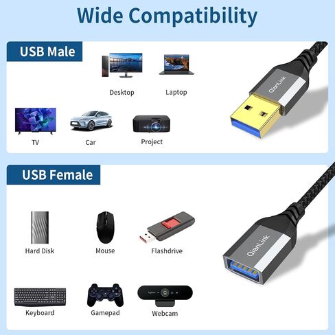 QianLink USB 3.0 Extension Cable (3.3FT), Nylon Braided USB Extender Compatible with Webcam, Camera, Phone, Hub, Mouse, Keyboard, Printer, Hard Drive, Headset (Gray) in Kuwait