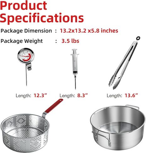 10QT Deep Fryer Pot with Basket, Fish Fryer Pot Thermometer, Tong, Syringe in Saudi Arabia