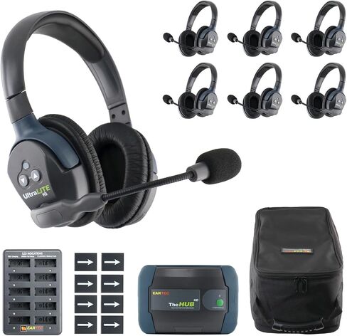Eartec HUB8S Ultralite-HD 8 Person Full Duplex Wireless Intercom Headset Communication System, Single Ear Headsets, Up to 1000ft Range, U.S. Company in Saudi Arabia