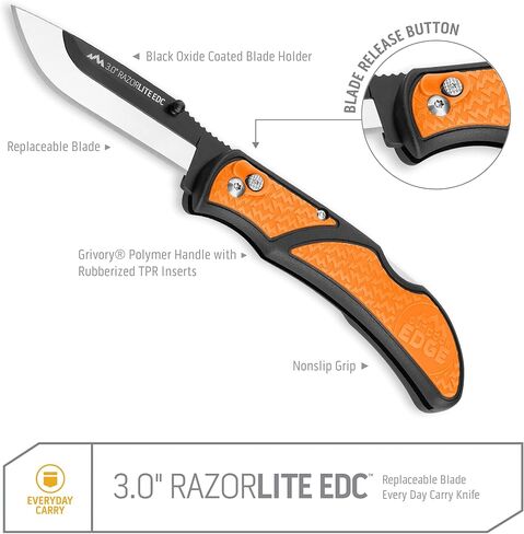OUTDOOR EDGE 3.0" Orange RazorLite EDC Knife | Pocket Knife with Replaceable Blades and Clip | The Perfect Hunting Knife for Skinning Deer | With 3.0" RazorSafe Replacement Combo Blade Pack, 6-Pieces in Saudi Arabia